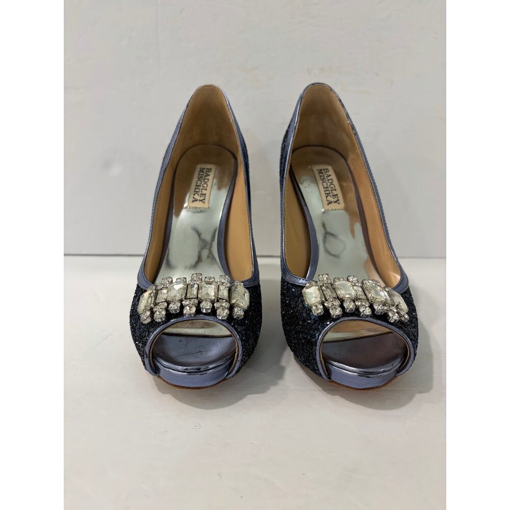 Badgley Mischka Alter II Blue Glitter Jewel Peep Toe Pumps - Picture 5 of 10